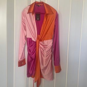 Fashion Nova Pink Orange Satin Dress, Size L